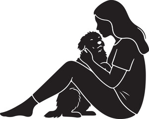 Silhouette woman sitting with dog on her lap pet companionship illustration