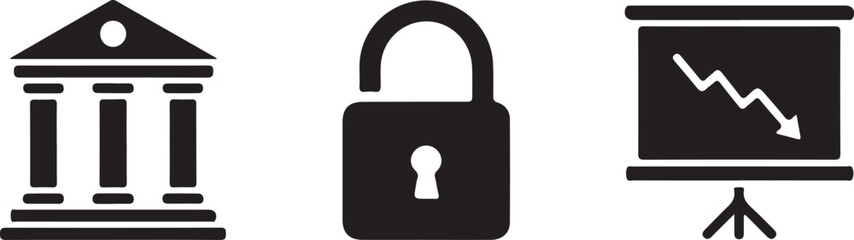 Silhouette business icons bank lock presentation screen falling chart concept