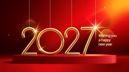 Obraz premium A vibrant and celebratory depiction of the year 2027 in shimmering gold lettering set against a rich red background signaling new beginnings