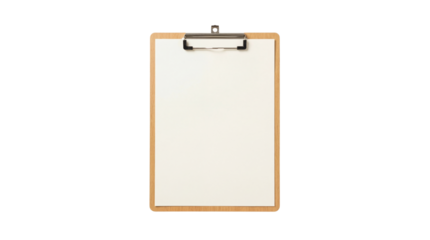 Simple wooden clipboard with blank white paper attached securely by a metal clip on transparent background