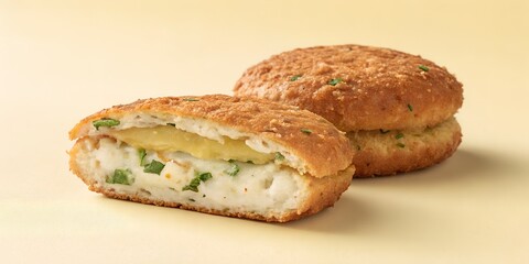 Two crispy fried potato and cheese patties one cut open showing mashed interior with chives on beige background