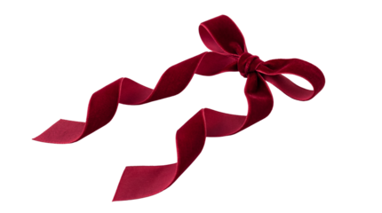 Luxurious deep burgundy velvet ribbon tied neatly into an elegant decorative bow on transparent background