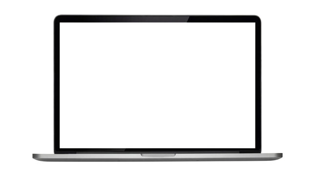 Modern silver laptop with blank black screen ready for display design mockups on transparent background