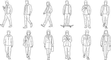 Line of people walking and using phones skateboard faceless © Shamim creative 