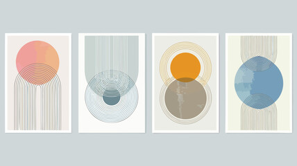 Modern abstract art prints with geometric shapes and lines in pastel colors