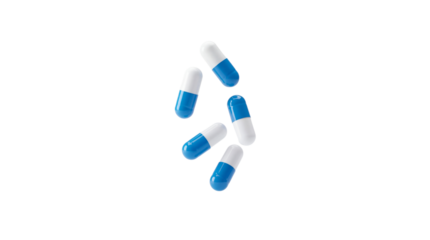 Five floating white and blue medical capsules tumble through the air on transparent background