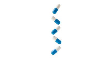 Five blue and white two-piece pharmaceutical capsules falling in a vertical line on transparent background