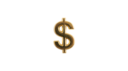 Shiny three dimensional golden dollar currency symbol icon with metallic texture on transparent background