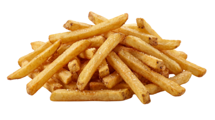 Crispy golden french fries generously sprinkled with coarse sea salt on transparent background