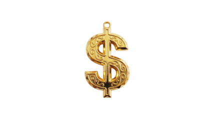 Ornate gold dollar sign symbol pendant design featuring intricate decorative flourishes on transparent background