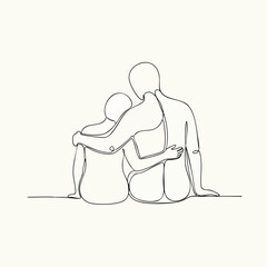 Loving Couple Embracing Tenderly From Behind In Silhouette.