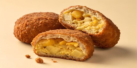 Delicious golden brown fried croquettes featuring creamy potato and corn filling displayed on soft beige background perfect for snack time