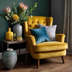 Elegant yellow armchair with colorful pillows and floral arrangement