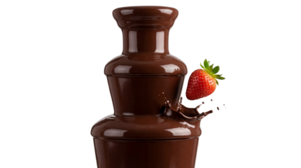 Decadent cascading chocolate fountain ready for dipping fresh strawberries on transparent background