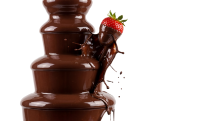 Decadent chocolate fountain cascades rich melted goodness while dipping fresh strawberry on transparent background