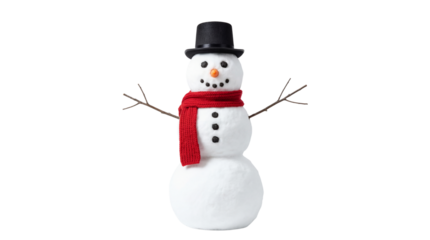 Classic cheerful snowman wearing a black top hat and bright red knitted scarf on transparent background