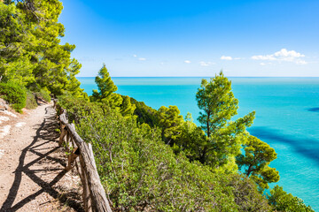 Coastal hiking path with wooden railing overlooking turquoise Adriatic waters near Vignanotica beach, Apulia, Italy