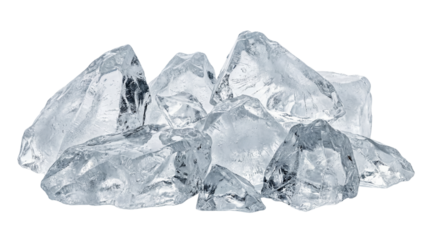 A pile of jagged, clear, frozen water shards reflecting light on transparent background