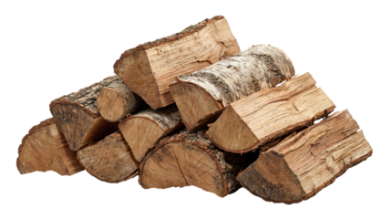 Stacked pile of split, seasoned firewood logs featuring birch and oak on transparent background