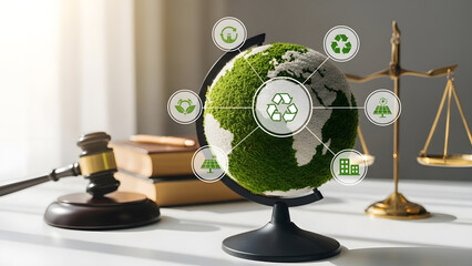 A judicial gavel and scales of justice beside a globe representing environmental law on a desk near a window