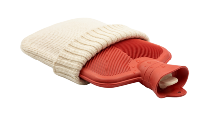 Red rubber hot water bottle snugly fitted with a cream knitted fabric cozy on transparent background