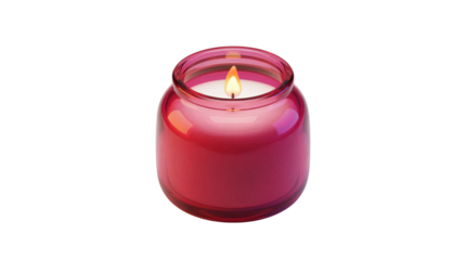 Beautiful glowing red glass jar candle emits warm, soft, soothing light on transparent background