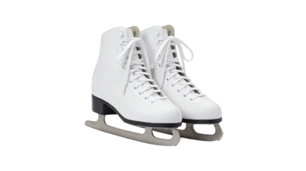 Classic pair of crisp white figure skates with sharp silver blades on transparent background