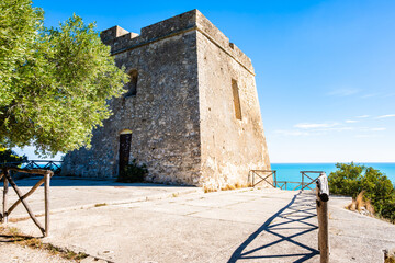 Torre dell'Aglio, an ancient coastal watchtower built of stone overlooking the Adriatic Sea near Vieste, Apulia, Italy