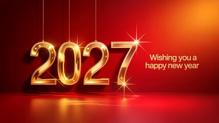 A vibrant red backdrop showcases gleaming gold numerals for 2027 accompanied by a new year s greeting message radiating festive cheer