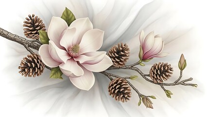 Delicate magnolia branch with pine cones