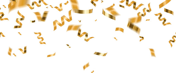 Celebration background, gold confetti border, party banner. Falling Golden Confetti and Curled Streamers on White Background