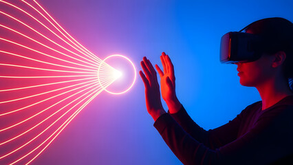A person wearing virtual reality headset interacts with futuristic technology in a dark room with neon lights