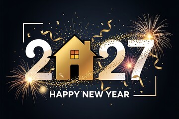 Fototapeta premium A golden house silhouette is prominently featured between the numbers 2027 accompanied by festive fireworks and confetti celebrating a happy new year