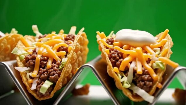 Appetizing hard-shell tacos, generously filled with seasoned ground beef, melted cheddar cheese, and fresh lettuce, topped with creamy sour cream, presented in sleek metal holders 