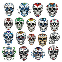 Vibrant Colorful Sugar Skulls with Intricate Floral Patterns.