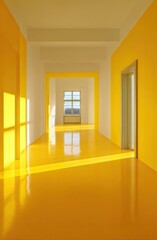 Empty hallway interior with yellow walls sunlight and geometric shapes