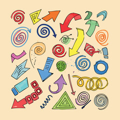 Colorful Doodle Arrows Spirals Geometric Shapes Collection.