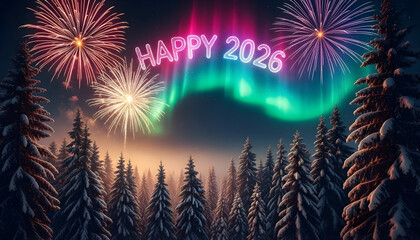 Happy New Year 2026 celebration with bright pyrotechnics and fireworks explosions over the river in the dark night sky for a festive holiday event