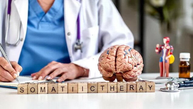 Doctor Examining Human Brain Model for Somatic Therapy Treatment in Medical Office