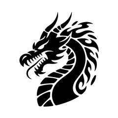 Stylized black dragon head illustration with flowing mane and curved neck on a white background