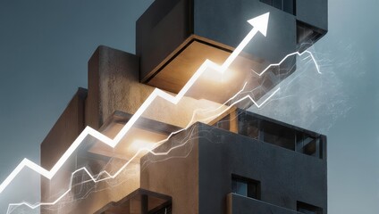 Modern architectural building with upward trend line, success concept.