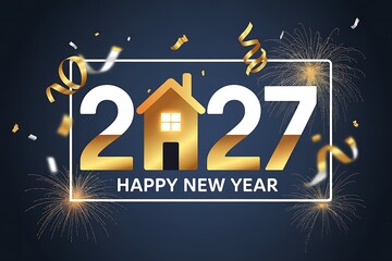 A festive golden new year 2027 illustration featuring a house silhouette amidst celebratory confetti and sparkling fireworks high quality professional detailed