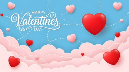 Happy valentines day with floating hearts on blue and pink background
