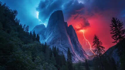 a dramatic landscape features a towering mountain peak illuminated by vibrant lightning strikes during a fierce thunderstorm showcasing nature s power