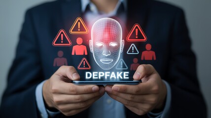 A man holds a smartphone displaying a digital representation of a face surrounded by warning signs labeled deepfake highlighting potential security risks