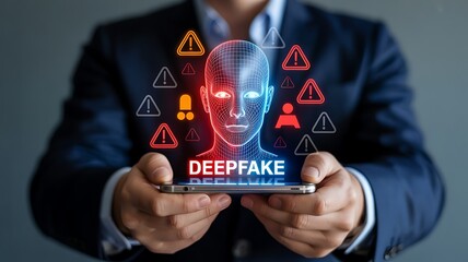 A businessman displaying a smartphone showcasing a digital human face with warning signs representing the dangers of deepfake technology and misinformation