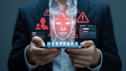A man displaying a smartphone with a digital overlay of a face warning signs and the term deepfake prominently featured on the screen