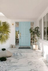Entrance with a blue door and white walls interior design day exterior