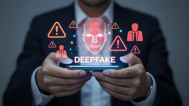 A suited individual displays a smartphone showcasing a digital representation of a face with warning signs labelled deepfake technology high quality