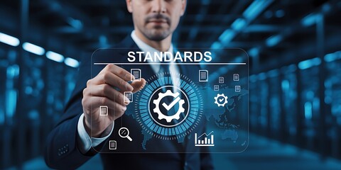 A professional man interacts with a transparent display showcasing the concept of standards quality control and technological innovation in a modern setting